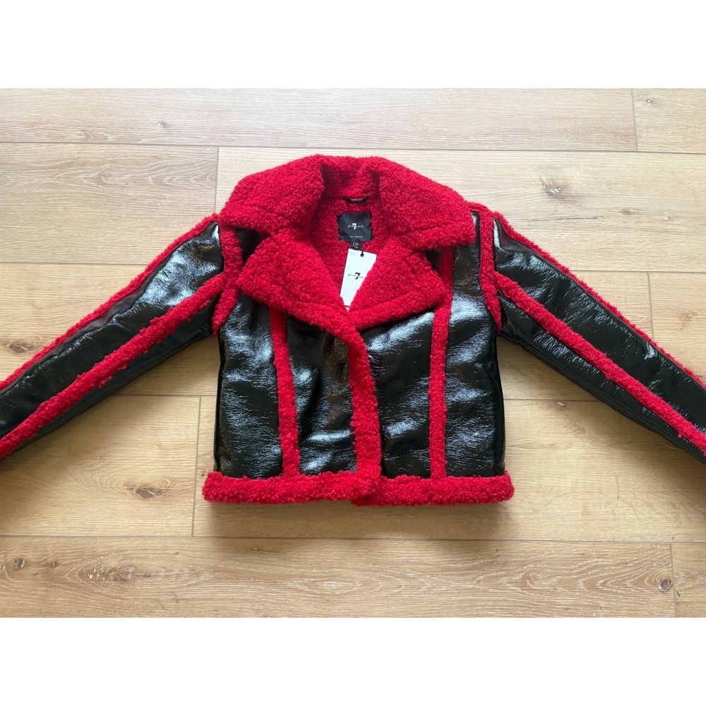7 For All Mankind Black Patent Faux Leather Red Shearling Trim Moto Jacket Sz XS